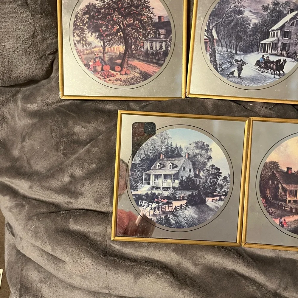Vintage-Style Farmhouse Scene Wall Art - Set of 4 - Gold Frames